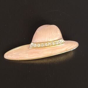 Vintage Pink Peach Enamel Hat Brooch Pin with Rhinestones, 2.17" Wide, Gift Box